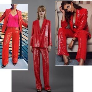 Zara red sequin embellished trouser dress pant single breasted blazer suit set
